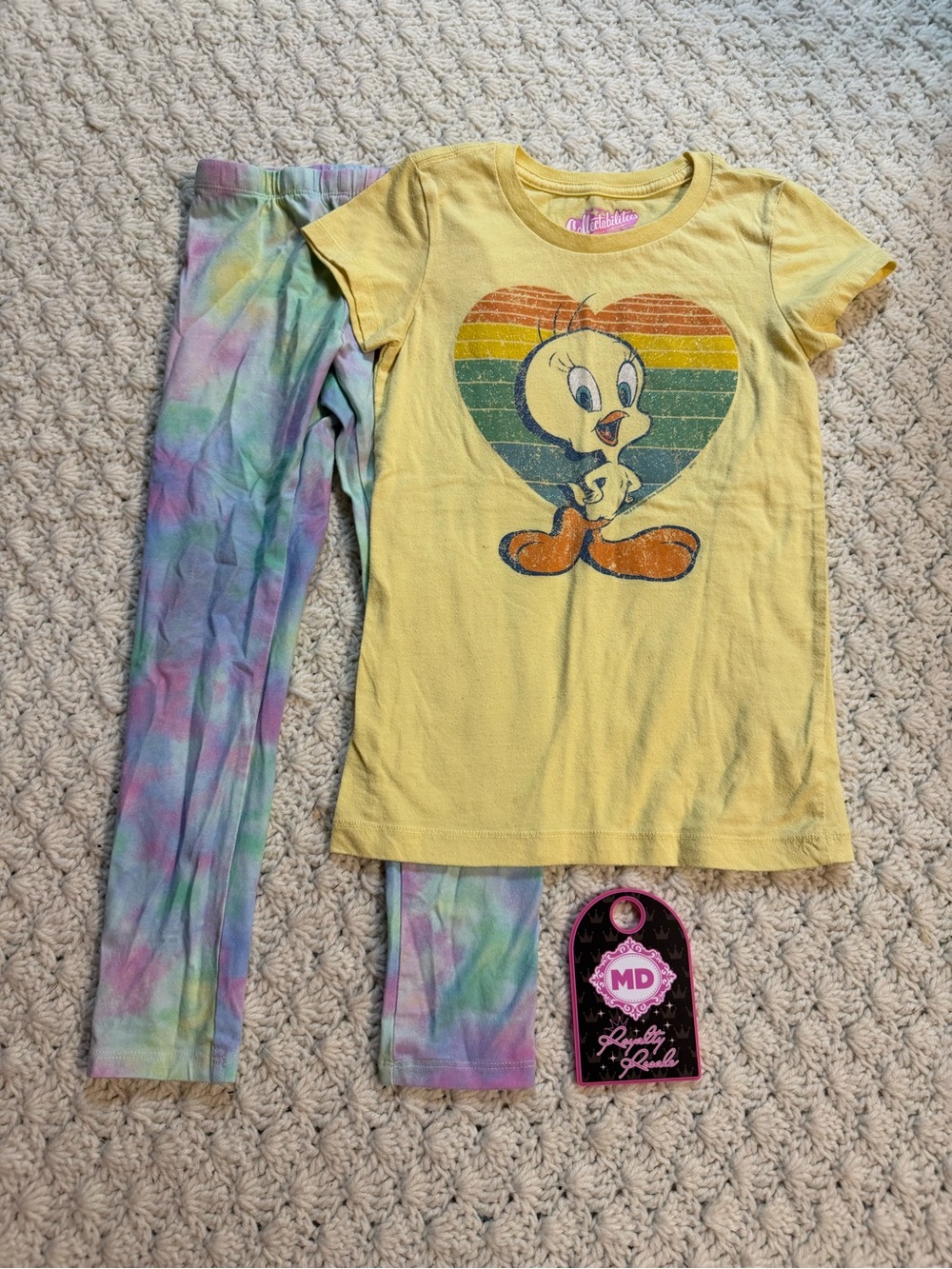 Yellow Graphic Kids Pajama Set with Pastel Tie-Dye Pants -